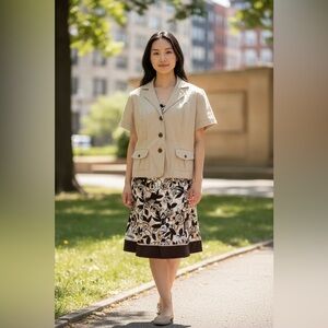 Studio I 2-Piece Cotton blend skirt set size 14 Tan Blazer & Floral Skirt EUC